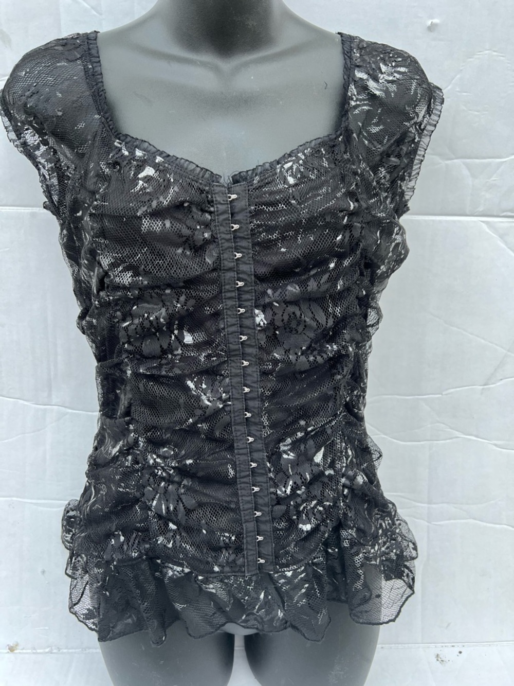 dressbarn Black Lace Ruffled Hook-and-Eye Blouse corset